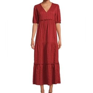Time & Tru Short Sleeves Red Jacquard Maxi Dress medium